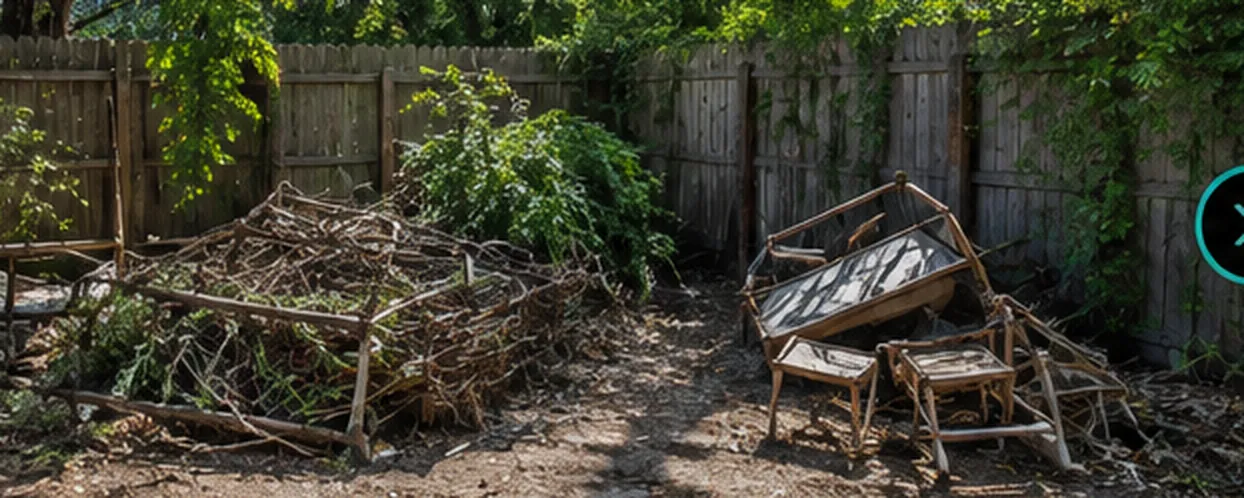 Backyard cluttered with brush piles, broken furniture and overgrowth before cleanup