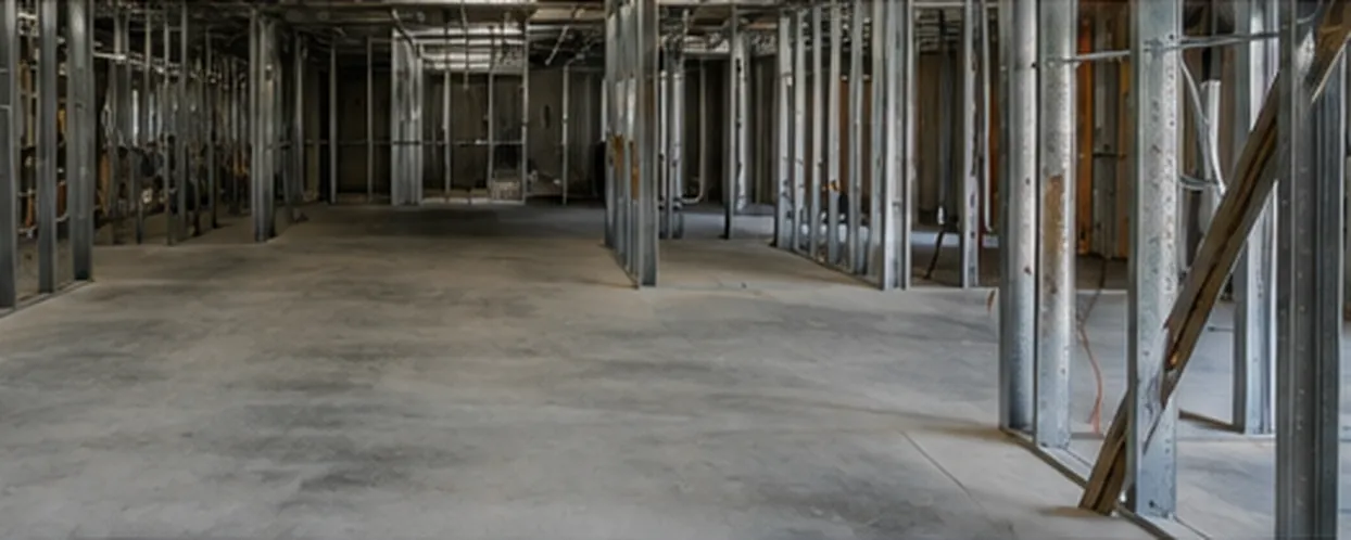 The same framed renovation space with debris hauled away and floor swept clean