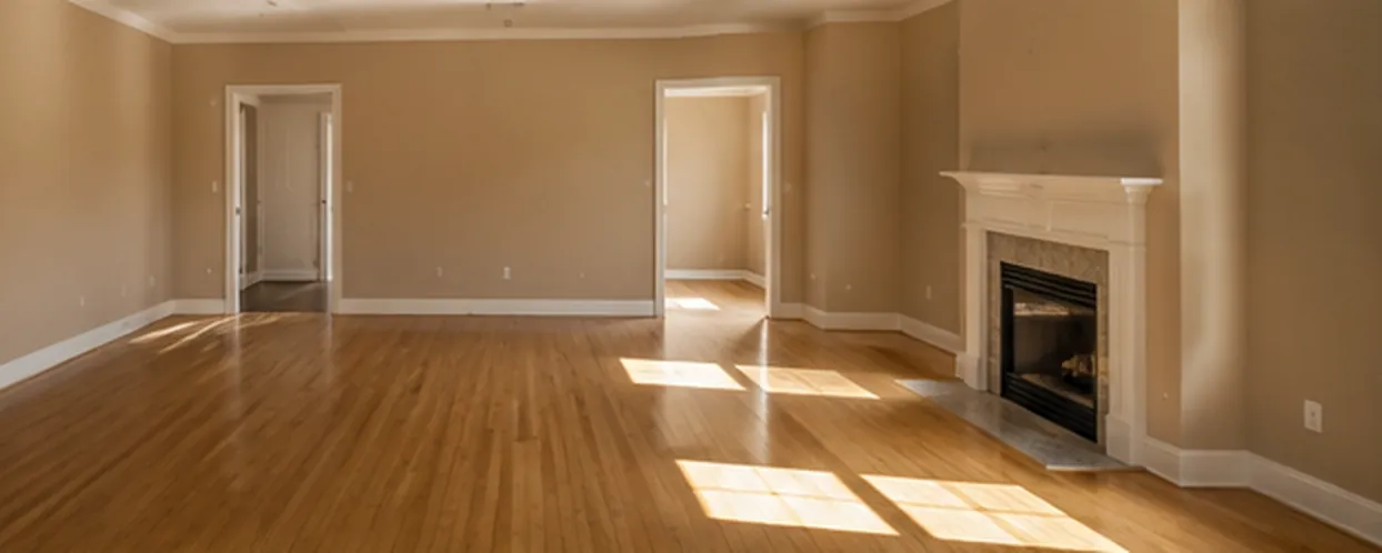 The same living room cleared to bare hardwood floors after the estate cleanout