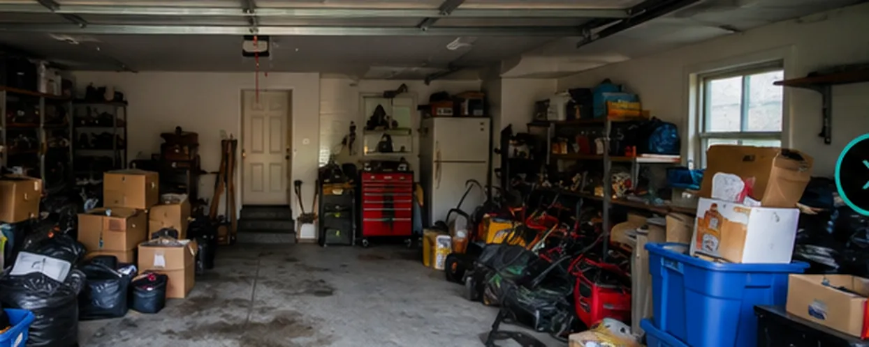 Garage packed with boxes, bins, tools and bagged household items before cleanout